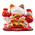 Mèo Thần Tài  Tiết Kiệm, Mèo May Mắn Maneki Neko Tiền vào đầy túi 34cm Kèm Đệm Và Hộp Đẹp