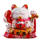 Mèo Thần Tài  Tiết Kiệm, Mèo May Mắn Maneki Neko Vua cá niên niên hữu dư 34cm Kèm Đệm Và Hộp Đẹp