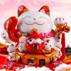 Mèo Thần Tài  Tiết Kiệm, Mèo May Mắn Maneki Neko Vua cá niên niên hữu dư 34cm Kèm Đệm Và Hộp Đẹp