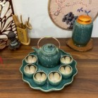 Ấm Chén Hỏa Biến Bát Tràng Men Cẩm Thạch Dáng Chuông Lòng Hoa Kèm Khay Lá Tròn 450ml