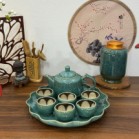 Ấm Chén Hỏa Biến Bát Tràng Chén Lòng Hoa Men Cẩm Thạch Dáng Tống Kèm Khay Tròn 450ml