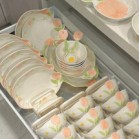 Set bộ bát đĩa hoa TULIP CAM ĐÀO pastel nhẹ nhàng sang xịn mịn