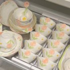 Set bộ bát đĩa hoa TULIP CAM ĐÀO pastel nhẹ nhàng sang xịn mịn
