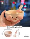Set bát heo hồng cún vàng kèm thìa hộp quà 12.3cm x 7.6cm dung tích 500ml