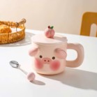 Set cốc uống nước hình cún vàng heo hồng 3D kèm thìa hộp quà 9.8cm x 12.6cm dung tích 400ml