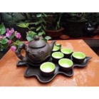 Bộ Ấm Chén Tử Sa Đắp Hoa Phù Dung Khay Lá