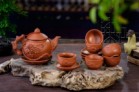 Bộ Ấm Chén Tử Sa Đắp Hoa Phù Dung Tách Lót Đỏ
