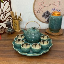 Ấm Chén Hỏa Biến Bát Tràng Men Cẩm Thạch Dáng Chuông Lòng Hoa Kèm Khay Lá Tròn 450ml