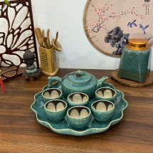 Ấm Chén Hỏa Biến Bát Tràng Men Cẩm Thạch Lòng Hoa Dáng Tre Kèm Khay Lá Tròn 450ml