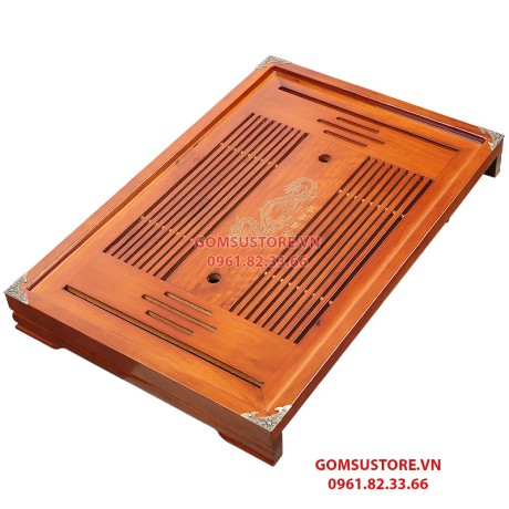 Khay trà gỗ bọc đồng hình rồng cao cấp 308  nâu (loại dày hộp đỏ có hình rồng) 52z33z6cm