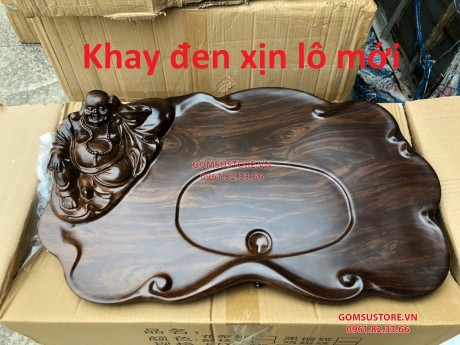 Khay Trà Gỗ Liền Chạm Khắc Di Lặc Thảnh Thơi 70*40cm (khay đựng ấm chén)