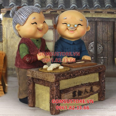 Bộ tượng ông bà anh mẫu mới nhất - Tượng trang trí nhà cửa ông bà làm bánh bao 14x12cm