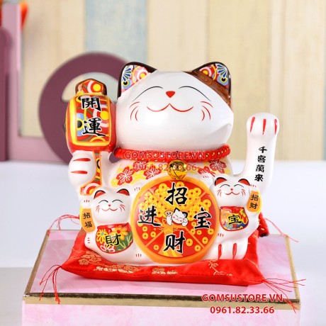 Mèo thần tài chiêu lộc vẫy tay, mèo may mắn maneki neko đắc tài đắc lộc 6inches kèm đệm và hộp đẹp