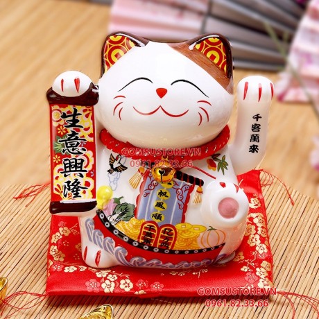 Mèo thần tài chiêu lộc vẫy tay, mèo may mắn maneki neko đại cát đại lợi 6inches kèm đệm và hộp đẹp