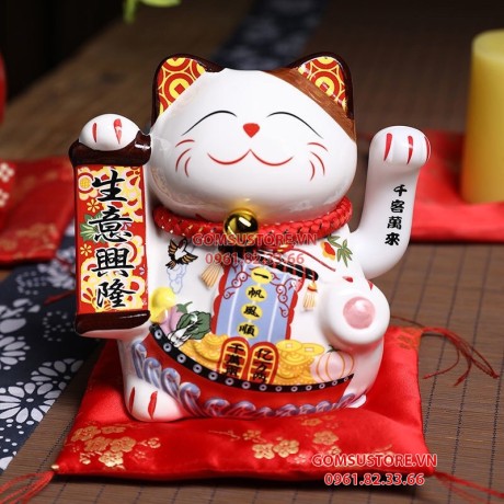 Mèo thần tài chiêu lộc vẫy tay, mèo may mắn maneki neko đại cát đại lợi 6inches kèm đệm và hộp đẹp