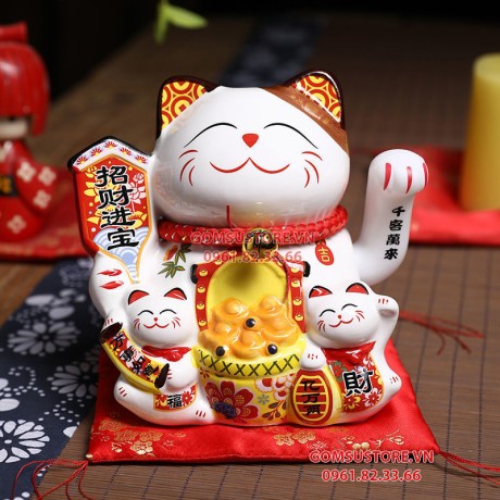 Mèo Thần Tài Chiêu Lộc Vẫy Tay, Mèo May Mắn Maneki Neko thẻ bài khai vận 6inches Kèm Đệm Và Hộp Đẹp