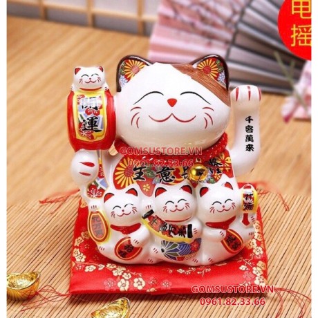 Mèo Thần Tài Chiêu Lộc Vẫy Tay, Mèo May Mắn Maneki Neko khai vận phát tài 6inches Kèm Đệm Và Hộp Đẹp