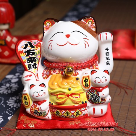 Mèo Thần Tài Chiêu Lộc Vẫy Tay, Mèo May Mắn Maneki Neko bát phương chiêu tài 6inches Kèm Đệm Và Hộp Đẹp