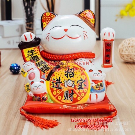 Mèo Thần Tài  Vẫy Tay, Mèo May Mắn Maneki Neko Thiên khách vạn lai 20cm Kèm Đệm Và Hộp Đẹp