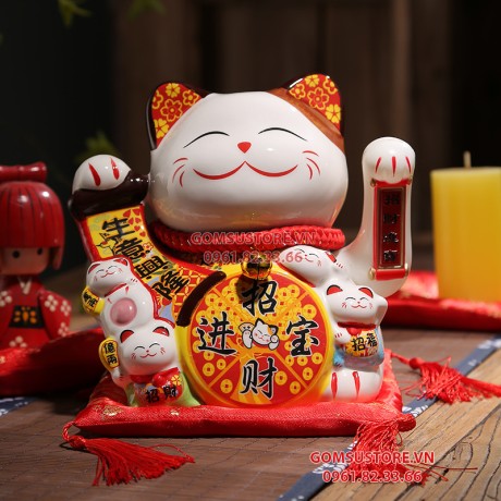 Mèo Thần Tài  Vẫy Tay, Mèo May Mắn Maneki Neko Thiên khách vạn lai 20cm Kèm Đệm Và Hộp Đẹp