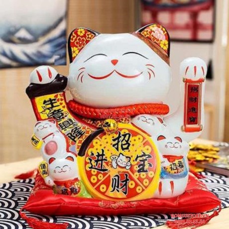 Mèo Thần Tài  Vẫy Tay, Mèo May Mắn Maneki Neko Thiên khách vạn lai 20cm Kèm Đệm Và Hộp Đẹp