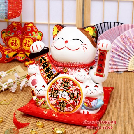 Mèo Thần Tài  Vẫy Tay, Mèo May Mắn Maneki Neko Đắc tài đắc lộc 20cm Kèm Đệm Và Hộp Đẹp