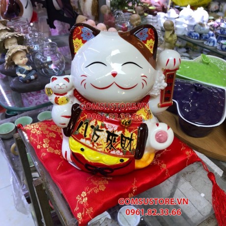 Mèo Thần Tài  Vẫy Tay, Mèo May Mắn Maneki Neko bát phương tài lộc 20cm Kèm Đệm Và Hộp Đẹp