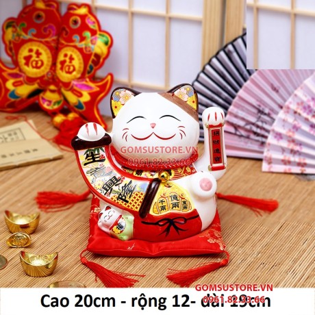 Mèo Thần Tài  Vẫy Tay, Mèo May Mắn Maneki Neko Tài vận hanh thông 20cm Kèm Đệm Và Hộp Đẹp