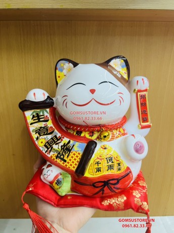 Mèo Thần Tài  Vẫy Tay, Mèo May Mắn Maneki Neko Tài vận hanh thông 20cm Kèm Đệm Và Hộp Đẹp