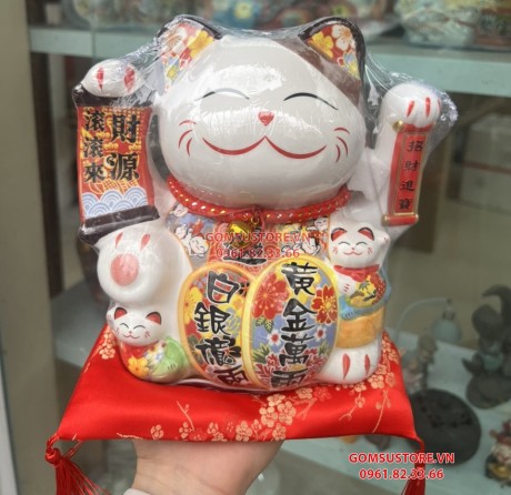 Mèo Thần Tài  Vẫy Tay, Mèo May Mắn Maneki Neko Chiêu tài lộc 20cm Kèm Đệm Và Hộp Đẹp