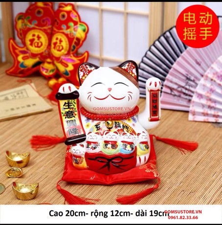 Mèo Thần Tài  Vẫy Tay, Mèo May Mắn Maneki Neko ngũ phúc lâm môn 20cm Kèm Đệm Và Hộp Đẹp