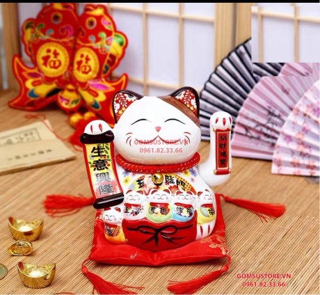 Mèo Thần Tài  Vẫy Tay, Mèo May Mắn Maneki Neko ngũ phúc lâm môn 20cm Kèm Đệm Và Hộp Đẹp