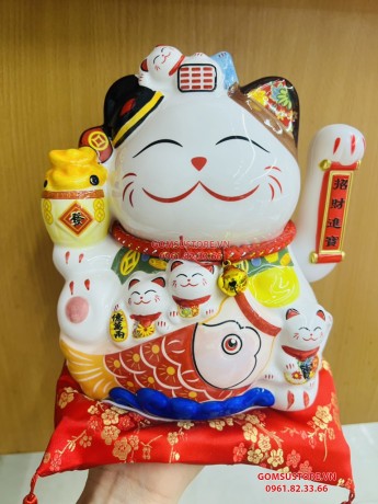 Mèo Thần Tài  Vẫy Tay, Mèo May Mắn Maneki Neko tài lộc viên mãn 20cm Kèm Đệm Và Hộp Đẹp