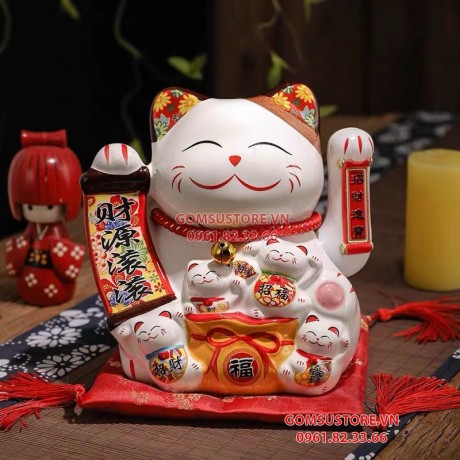 Mèo Thần Tài  Vẫy Tay, Mèo May Mắn Maneki Neko kinh doanh phát lộc 20cm Kèm Đệm Và Hộp Đẹp