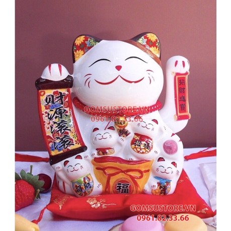 Mèo Thần Tài  Vẫy Tay, Mèo May Mắn Maneki Neko kinh doanh phát lộc 20cm Kèm Đệm Và Hộp Đẹp