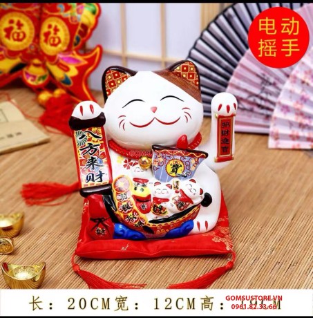 Mèo Thần Tài  Vẫy Tay, Mèo May Mắn Maneki Neko đại cát đại lợi 20cm Kèm Đệm Và Hộp Đẹp