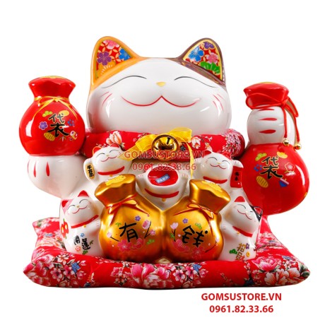 Mèo Thần Tài  Tiết Kiệm, Mèo May Mắn Maneki Neko Tiền vào đầy túi 34cm Kèm Đệm Và Hộp Đẹp