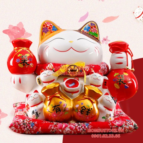 Mèo Thần Tài  Tiết Kiệm, Mèo May Mắn Maneki Neko Tiền vào đầy túi 34cm Kèm Đệm Và Hộp Đẹp