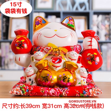 Mèo Thần Tài  Tiết Kiệm, Mèo May Mắn Maneki Neko Tiền vào đầy túi 34cm Kèm Đệm Và Hộp Đẹp