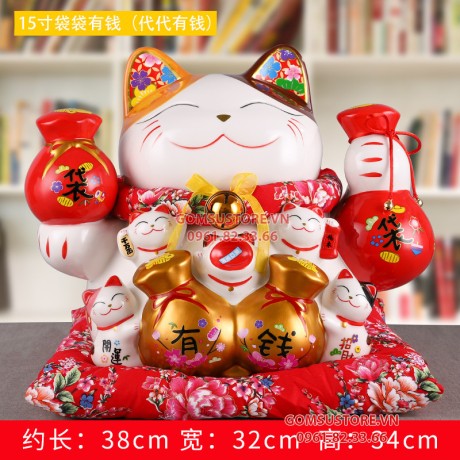 Mèo Thần Tài  Tiết Kiệm, Mèo May Mắn Maneki Neko Tiền vào đầy túi 34cm Kèm Đệm Và Hộp Đẹp