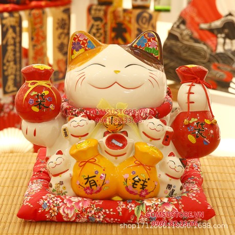 Mèo Thần Tài  Tiết Kiệm, Mèo May Mắn Maneki Neko Tiền vào đầy túi 34cm Kèm Đệm Và Hộp Đẹp