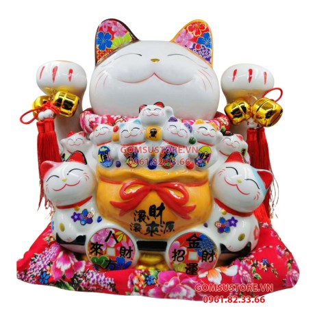 Mèo Thần Tài  Tiết Kiệm, Mèo May Mắn Maneki Neko Tiền vào như nước 31cm Kèm Đệm Và Hộp Đẹp