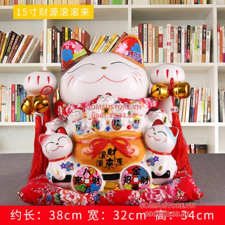 Mèo Thần Tài  Tiết Kiệm, Mèo May Mắn Maneki Neko Tiền vào như nước 31cm Kèm Đệm Và Hộp Đẹp