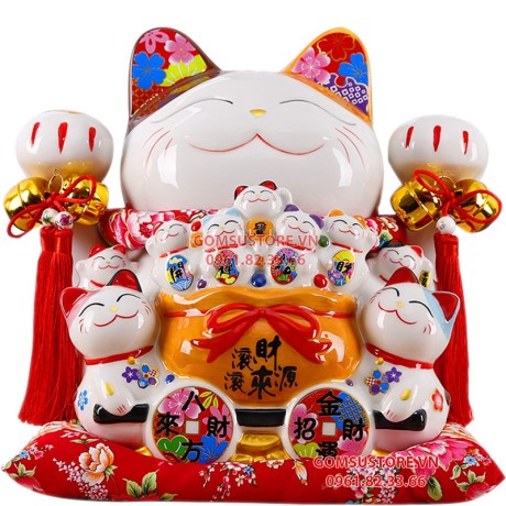 Mèo Thần Tài  Tiết Kiệm, Mèo May Mắn Maneki Neko Tiền vào như nước 31cm Kèm Đệm Và Hộp Đẹp