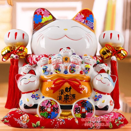 Mèo Thần Tài  Tiết Kiệm, Mèo May Mắn Maneki Neko Tiền vào như nước 31cm Kèm Đệm Và Hộp Đẹp