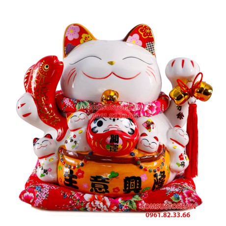 Mèo Thần Tài  Tiết Kiệm, Mèo May Mắn Maneki Neko Vua cá niên niên hữu dư 34cm Kèm Đệm Và Hộp Đẹp