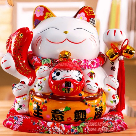 Mèo Thần Tài  Tiết Kiệm, Mèo May Mắn Maneki Neko Vua cá niên niên hữu dư 34cm Kèm Đệm Và Hộp Đẹp