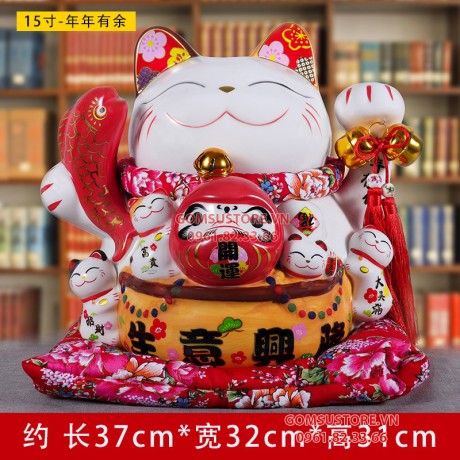 Mèo Thần Tài  Tiết Kiệm, Mèo May Mắn Maneki Neko Vua cá niên niên hữu dư 34cm Kèm Đệm Và Hộp Đẹp