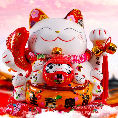 Mèo Thần Tài  Tiết Kiệm, Mèo May Mắn Maneki Neko Vua cá niên niên hữu dư 34cm Kèm Đệm Và Hộp Đẹp