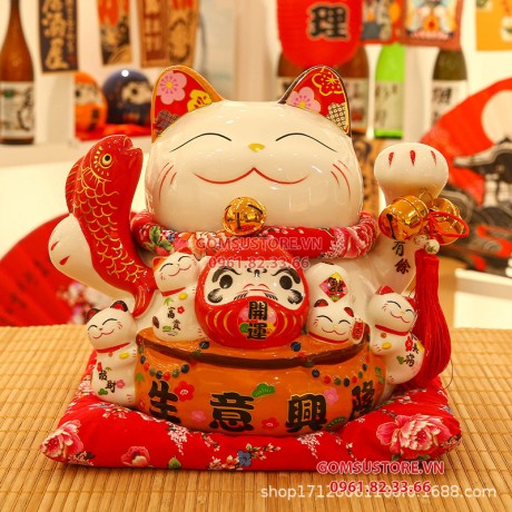 Mèo Thần Tài  Tiết Kiệm, Mèo May Mắn Maneki Neko Vua cá niên niên hữu dư 34cm Kèm Đệm Và Hộp Đẹp